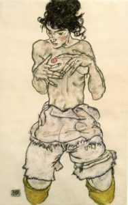 illustration épisode 1 la découverte du cancer du sein, femme agenouillée, à moitié nue II - dessin au crayon de Egon Schiele